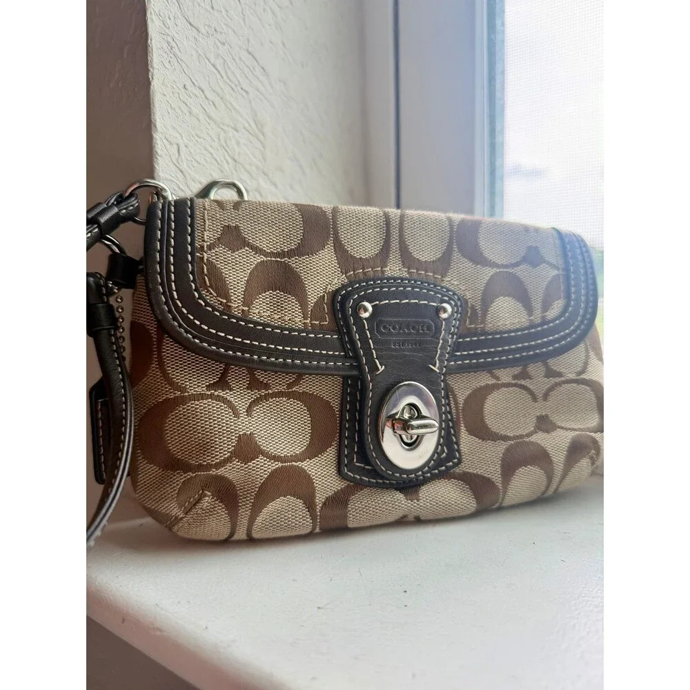Coach Vintage Signature Canvas Turnlock Wristlet with Leather Trim in Brown EUC